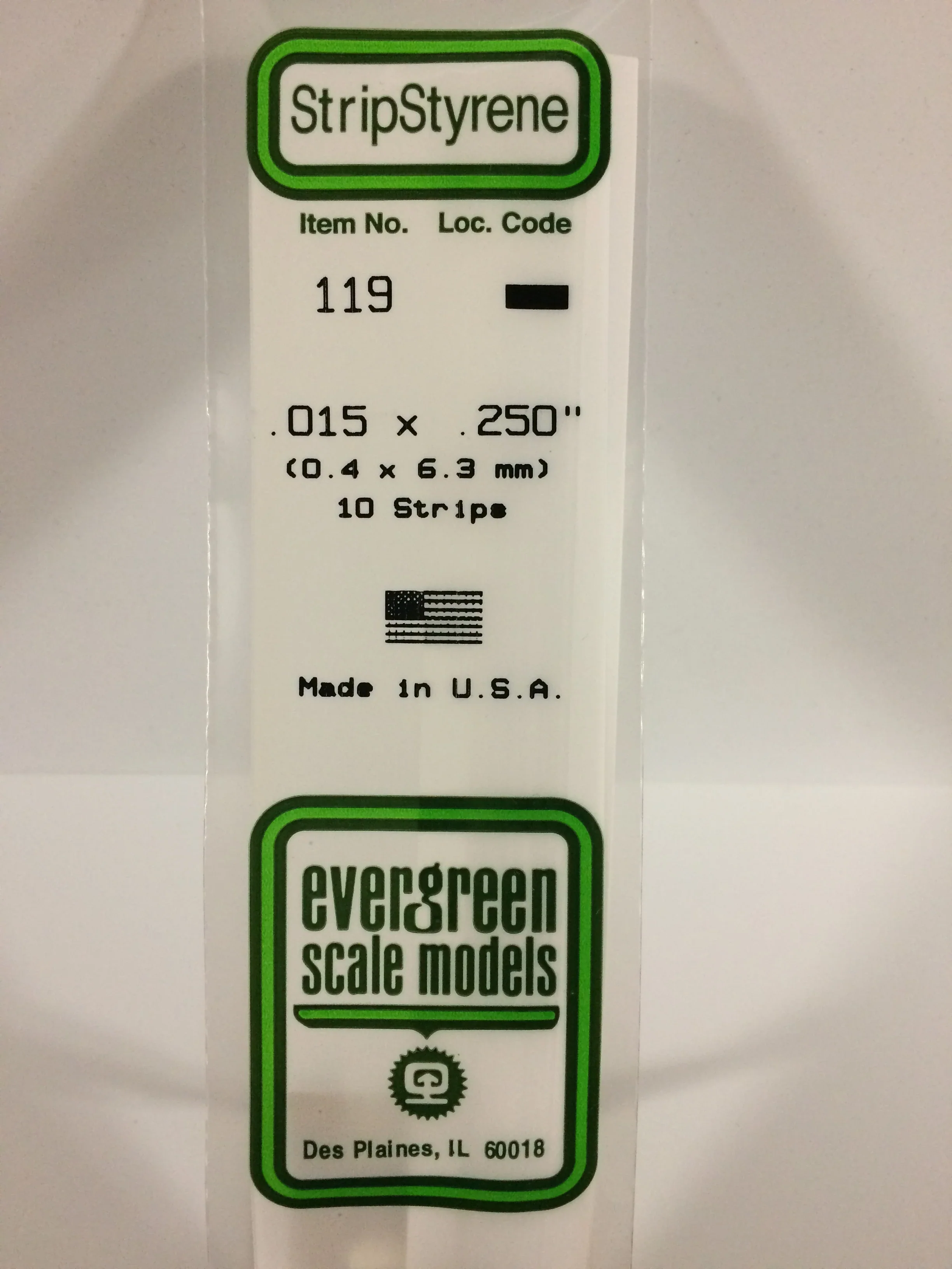 Evergreen #119 - .015" X .250" OPAQUE WHITE POLYSTYRENE STRIP